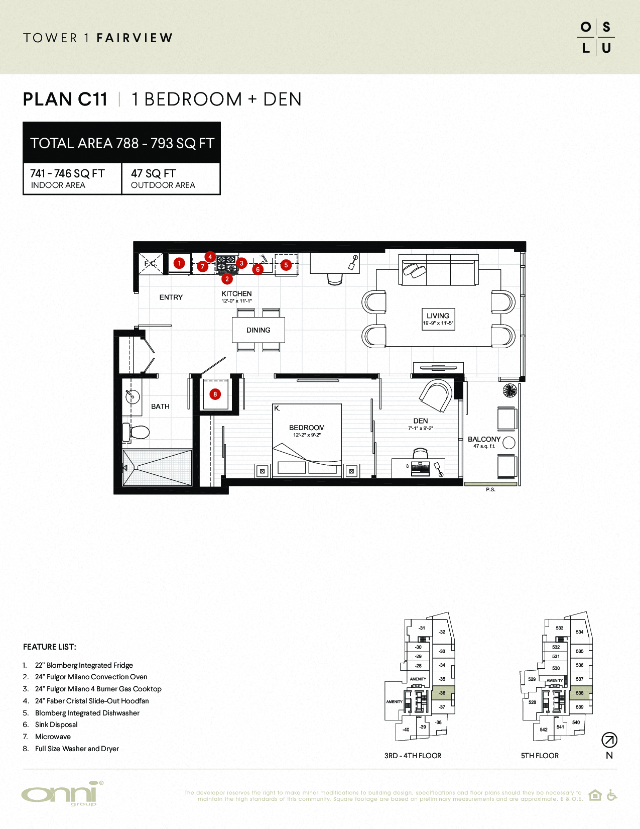 Floor plan for 1 bed, 1 bath, 746 sqft